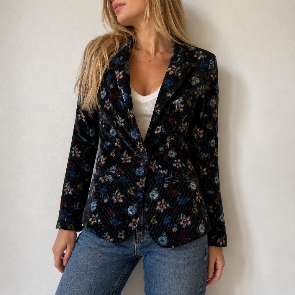 Anthropologie Black Floral Corduroy Blazer Velvet Tailored Jacket Size 0 Boho